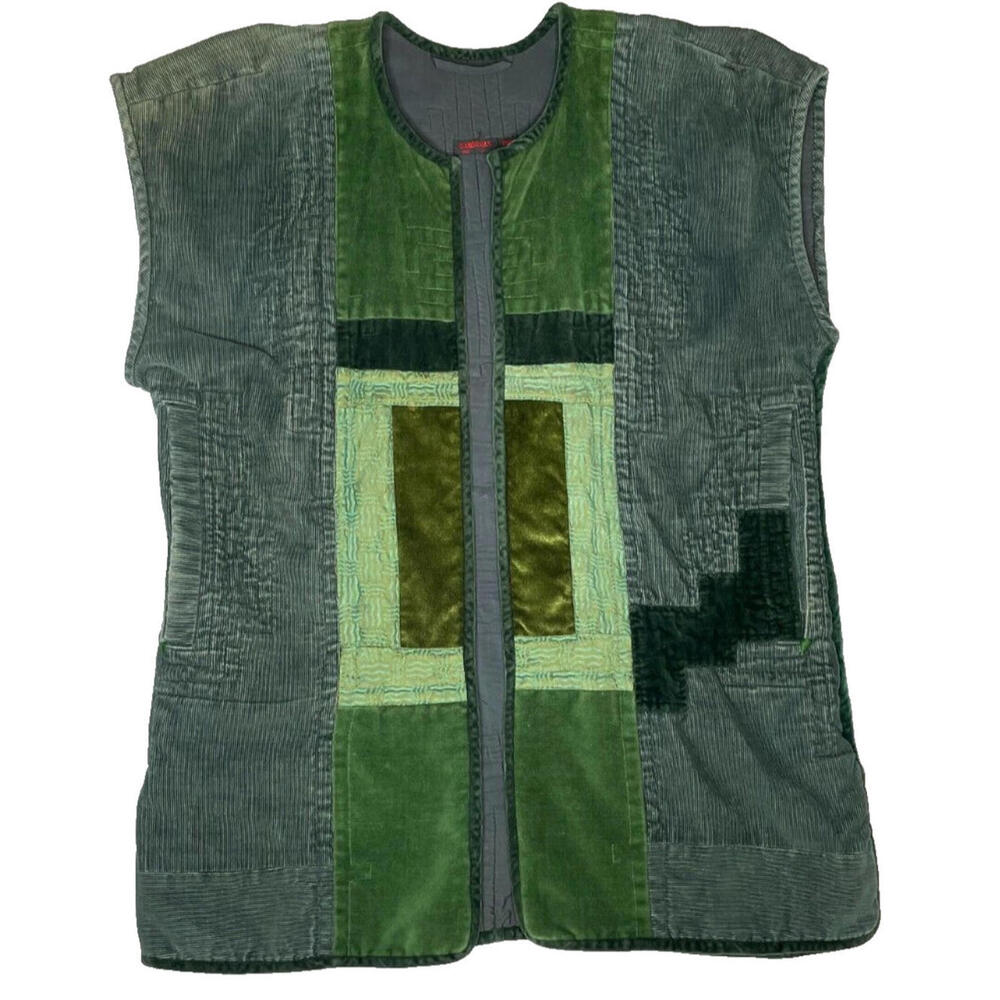 Vtg Banderas Piera Vest Coat Patchwork L/XL Corduroy Green Quilted Lined - Picture 2 of 8